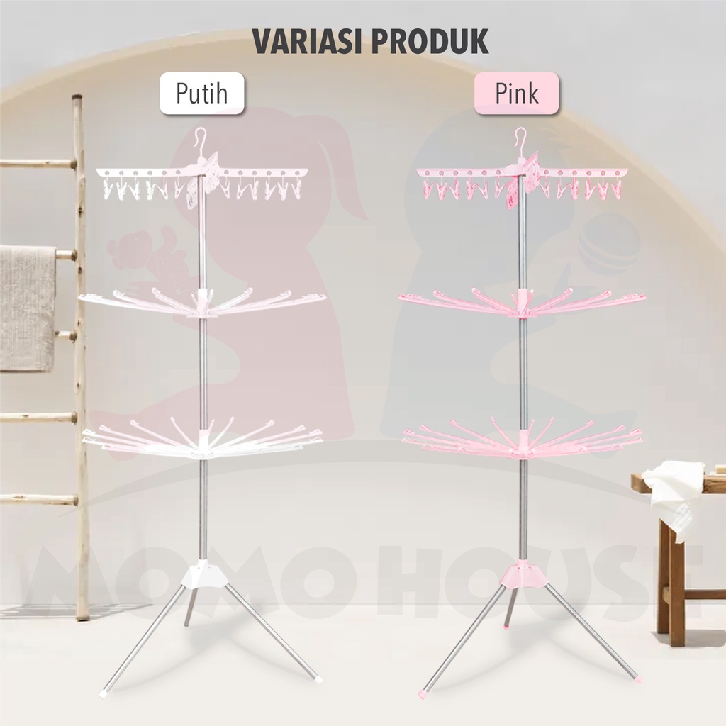 MOMO HOUSE jemuran menara baju bayi drying rack baju stand hanger foldable drying rack jemuran baju lipat bayi 3 susun stainless