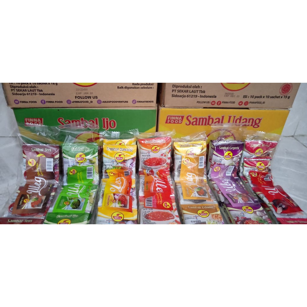 

Sambal FINNA ULEG RENTENG Terasi/ Ijo/ Pedas /Geprek /Bawang/ Udang/ Teri isi 10 pcs