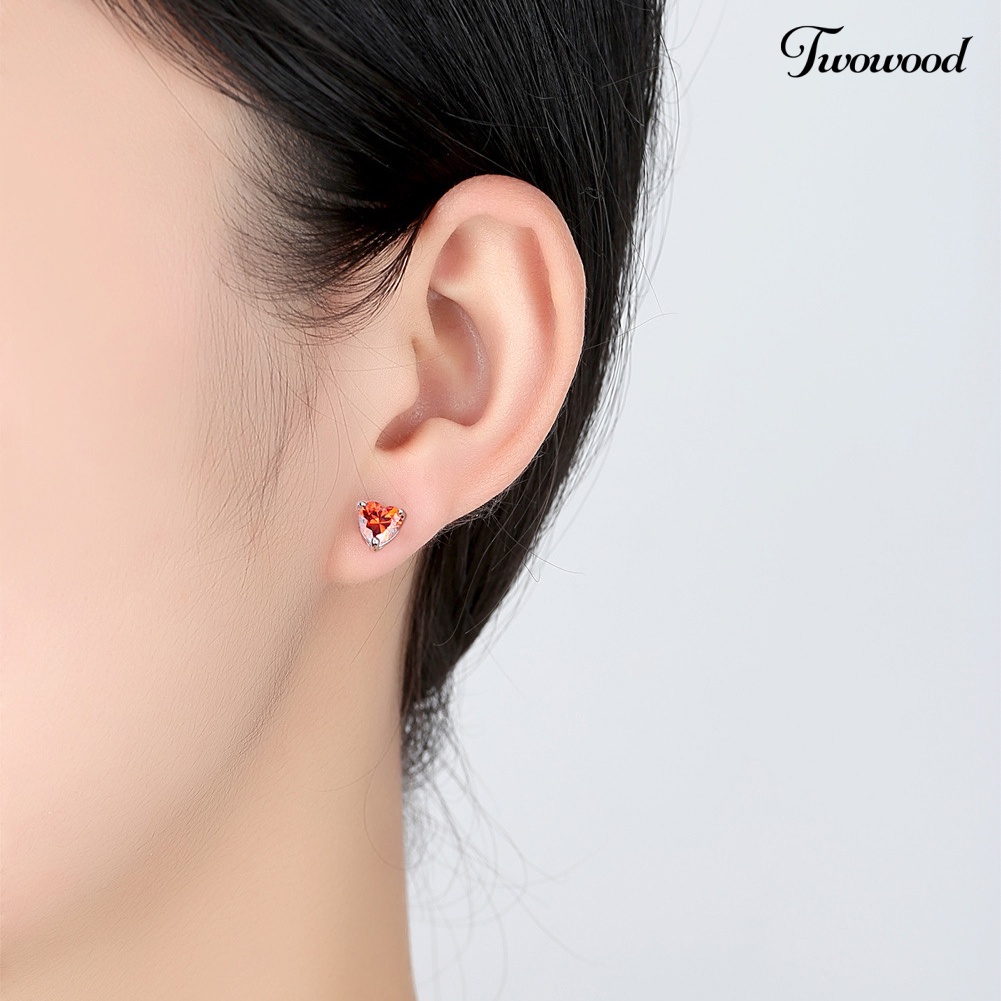 Twowood Lady Shiny Cubic Zirconia Cinta Hati Liontin Kalung Stud Earrings Set Perhiasan