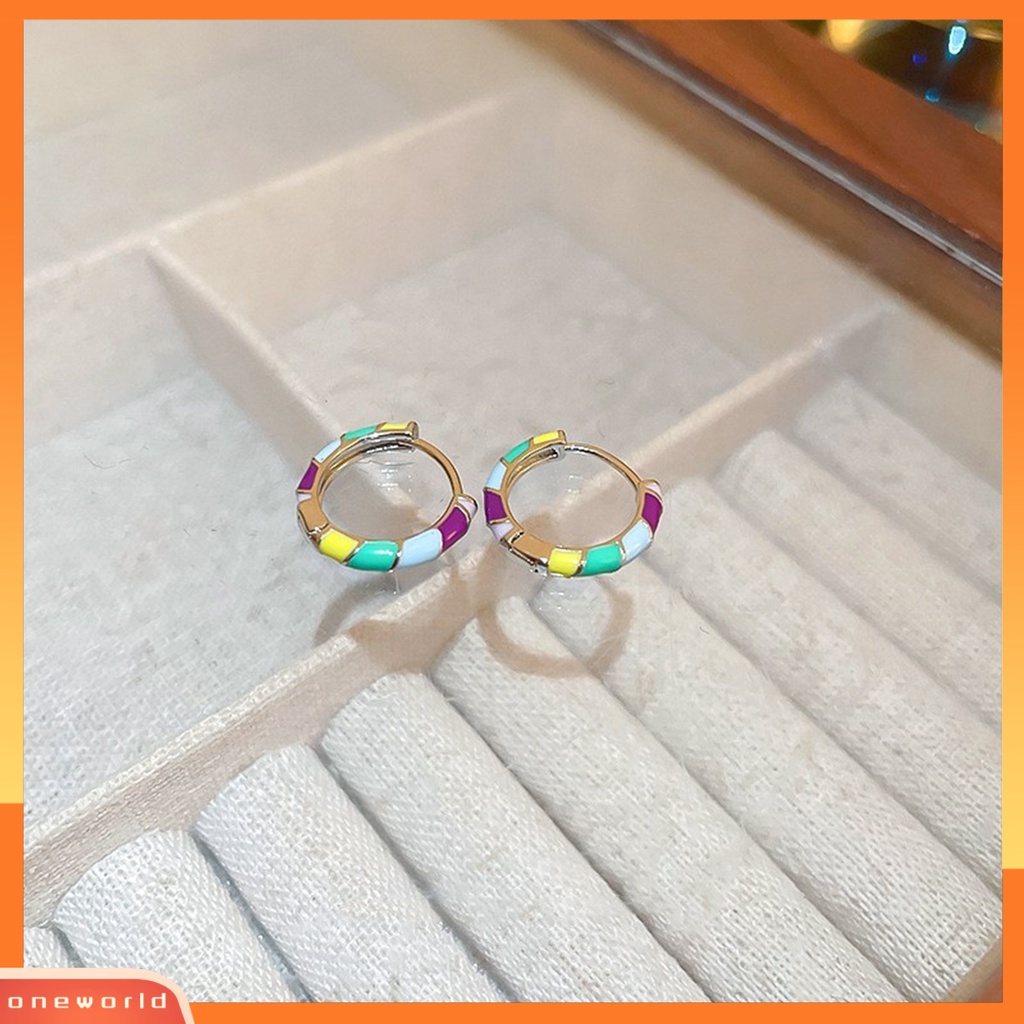 [OWR] 1pasang Anting Stud Warna Kontras Enamel High Gloss Tahan Luntur Dekorasi Barang Fashion Tidak Alergi Rainbow Bulat Lingkaran Hoop Earrings Aksesori Perhiasan