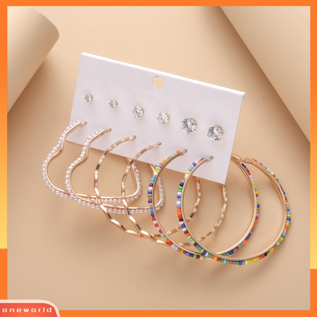 [OWR] 6pasang Hoop Earrings Set Mini Beads Rhinestones Inlay Geometris Alloy Perhiasan Elegan Dress-Up Aksesoris Lingkaran Anting Telinga Studs Pesta Malam Memakai Perhiasan Hadiah
