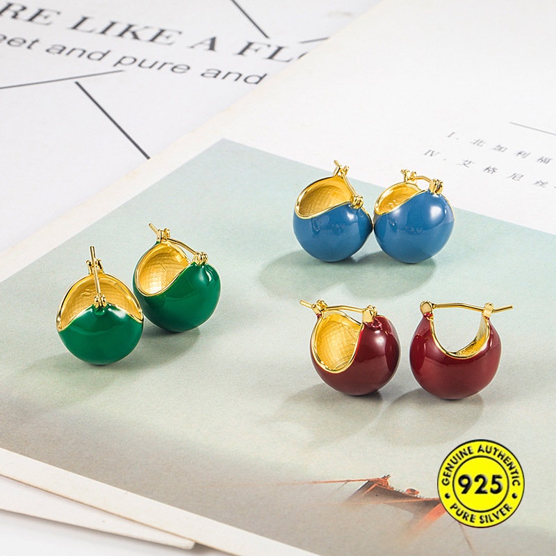 Anting Bulat Bulat Bulat Emas Kecil Enamel Berwarna Retro Modis U1228