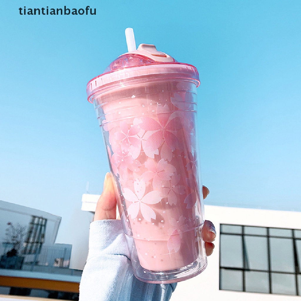 [tiantianbaofu] Gelas Plastik Sakura 480ml Dengan Sedotan Dan Tutup BPA Free Double Wall Dewasa Botol Air Minum Tea Cup Kawai Rumah Kantor Hadiah Butik