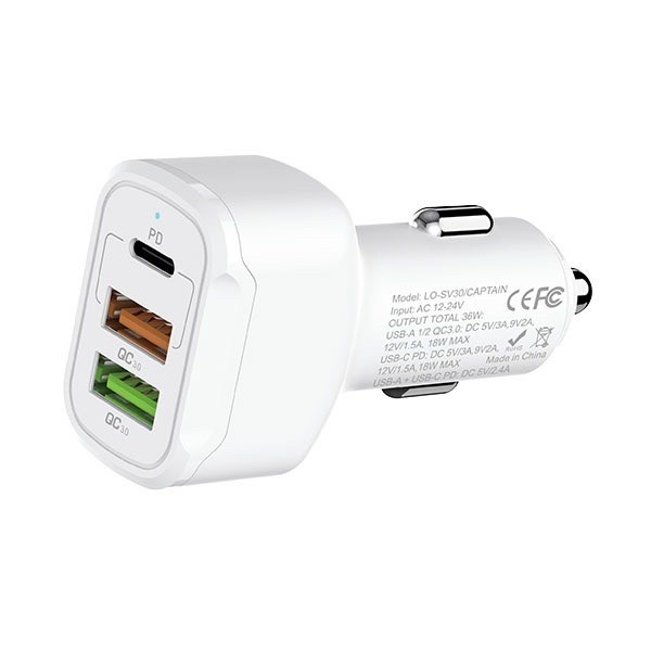 LOG ON CAR CHARGER 3PORT USB LO-SV30 PD+QC3.0 (KEPALA CHARGER MOBIL