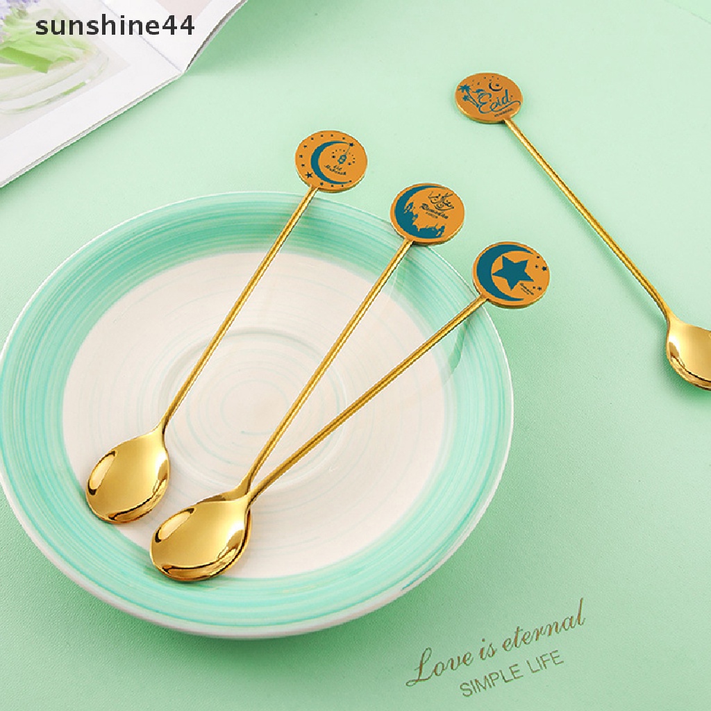 Sunshine New Gold Eid Mubarak Star Moon Pendant Spoon Stainless Steel Peralatan Makan Islam Muslim Liburan Rumah Pesta Tableware Dekorasi ID