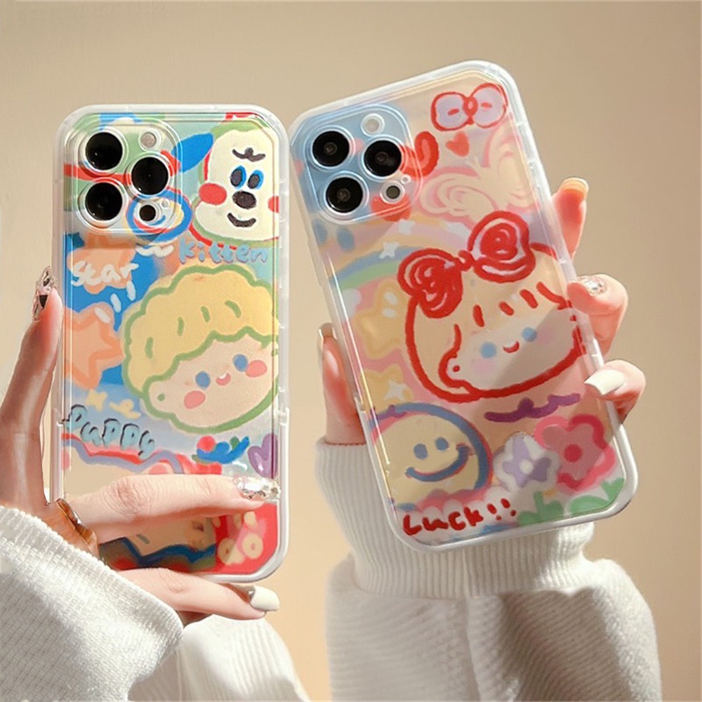 Kasus Pasangan Kompatibel Untuk iPhone 7Plus 11 13 14 12 Pro MAX XR X 6 8 6S Plus XS MAX Doodle Cowok Cewek Panel Ganda Lembut Bening Pastel Casing Ponsel Pasangan Cover BY