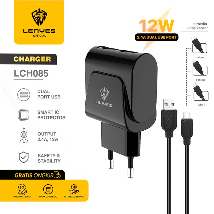 Kepala Charger LENYES LCH085 12W 2.4A 2 USB + Kabel Data Original - MICRO USB original kabel cable casan travel charger tc android usb charger micro usb type c batok kepala charger