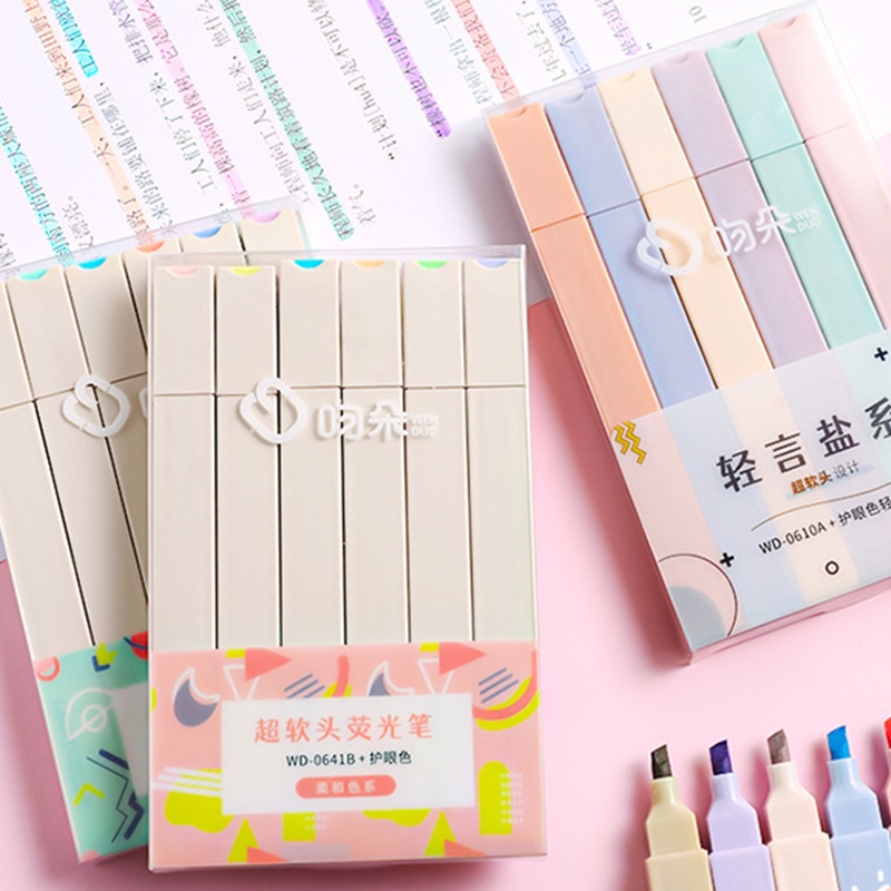 6pcs Seri Warna Terang Kotak Square Barrel Stabilo Siswa Soft Nib Fluorescent Marker Pen Set