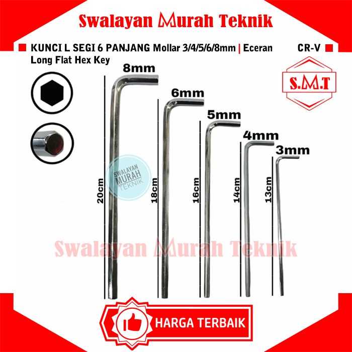 Kunci L Panjang Eceran MOLLAR 3/4/5/6/8 MM Long Flat Hex Key Segi 6