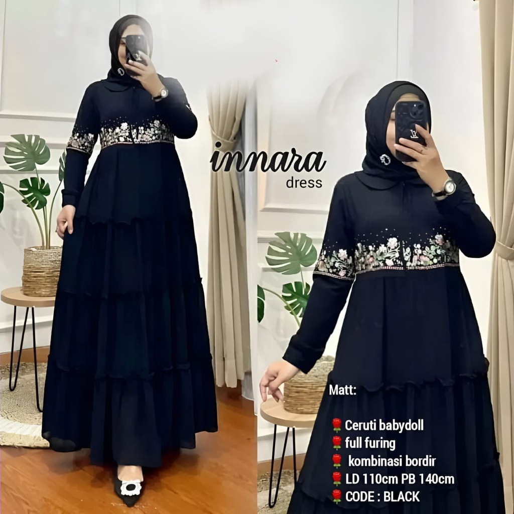 GAMIS STORE - Innura Dress Gamis Muslim Innara Inara Inura Maxy Terusan Ceruty Babydoll Bordir Premium OOTD Kondangan