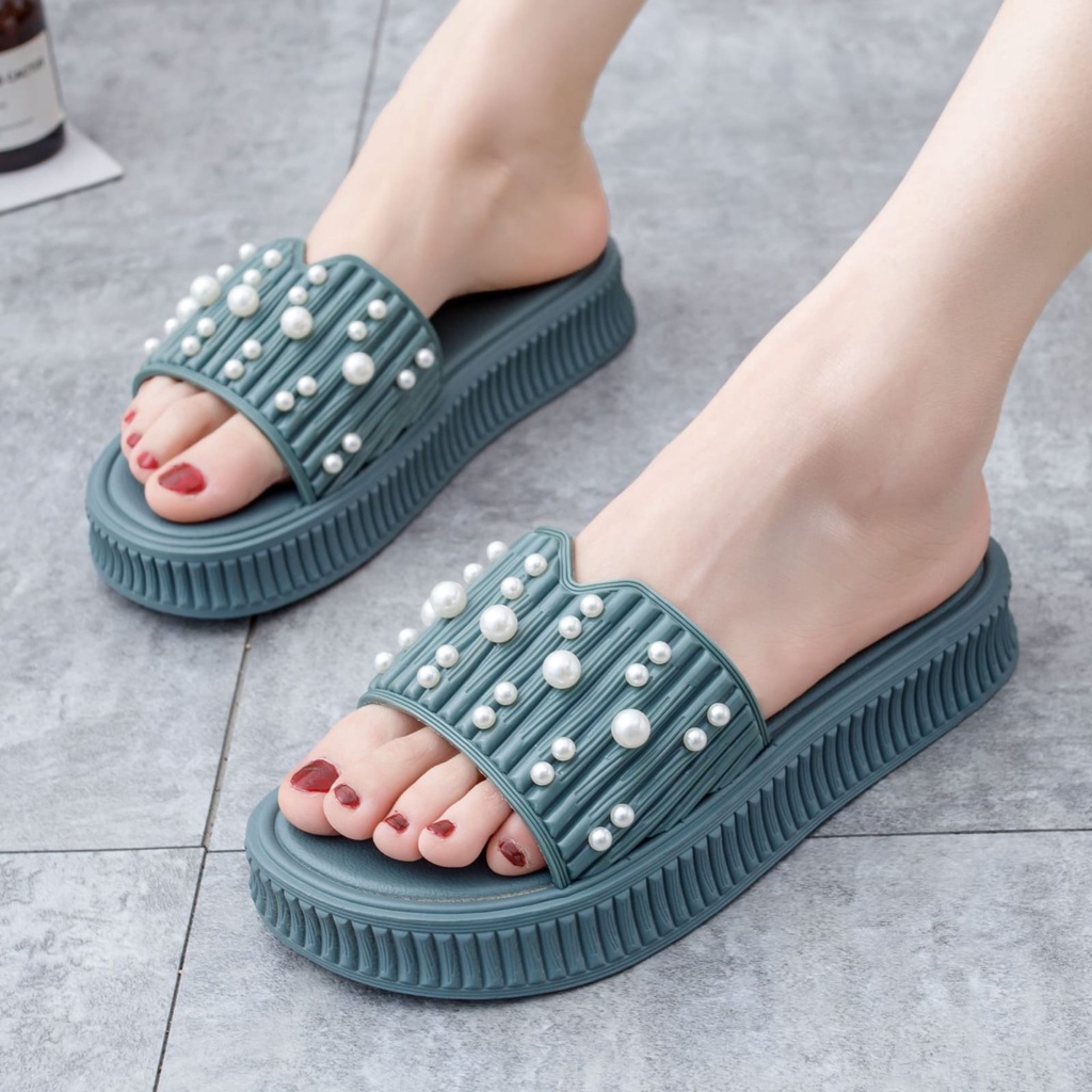 GROSIRTAS TG1715 Sandal Wedges Wanita Slipper Garis Mutiara Import Anti Slip mpuk Trend Terbaru