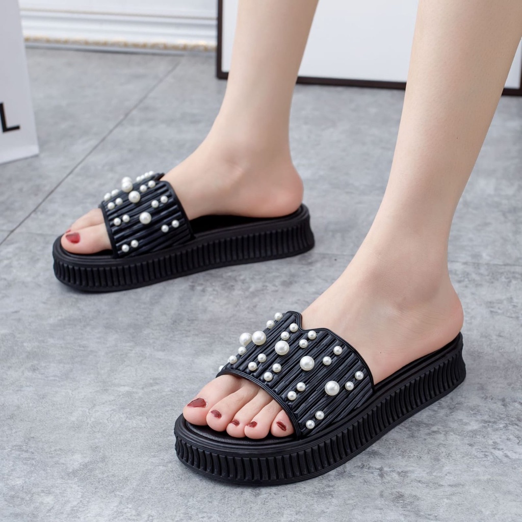 GROSIRTAS TG1715 Sandal Wedges Wanita Slipper Garis Mutiara Import Anti Slip mpuk Trend Terbaru