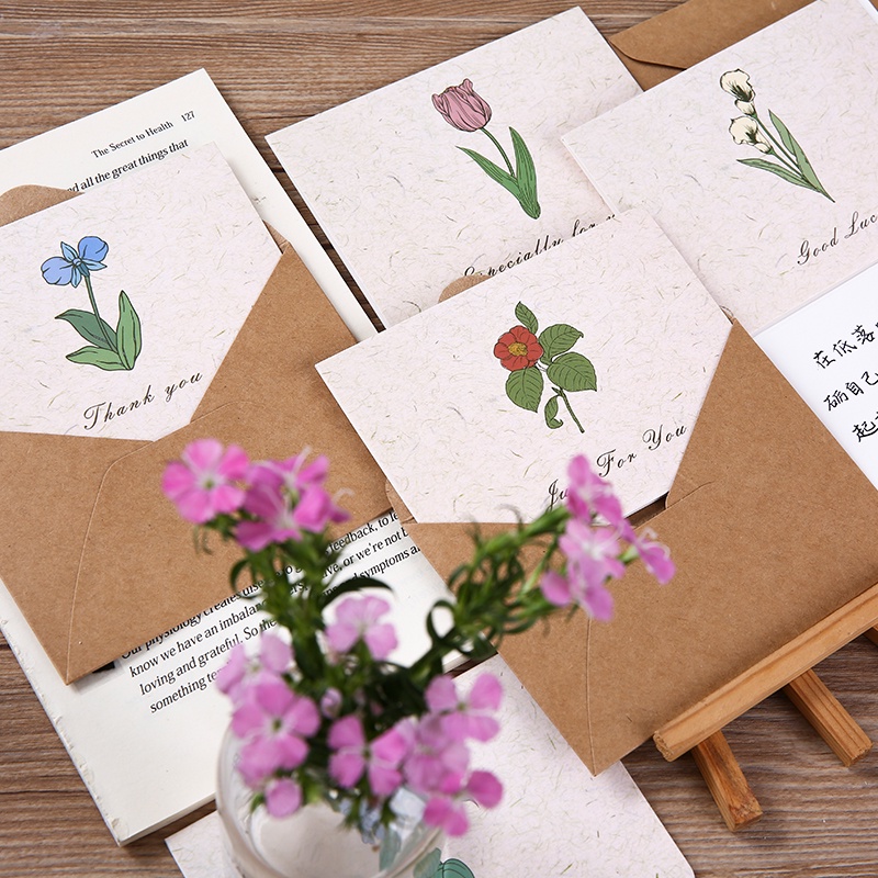 6pcs Set Kartu Ucapan Dan Amplop Vintage Foldable Tulip Series Dengan Sealing Stickers Gift Card