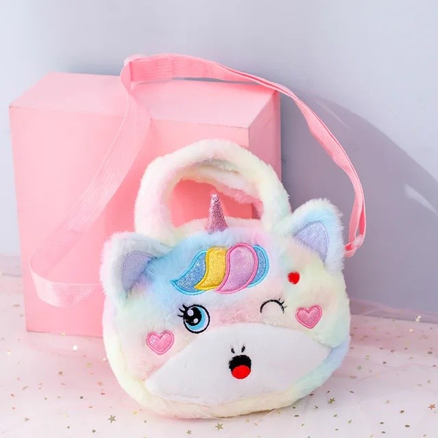 Tas Selempang Unicorn Anak Bulu Halus Sling Bag Bundar Pegangan Cewek