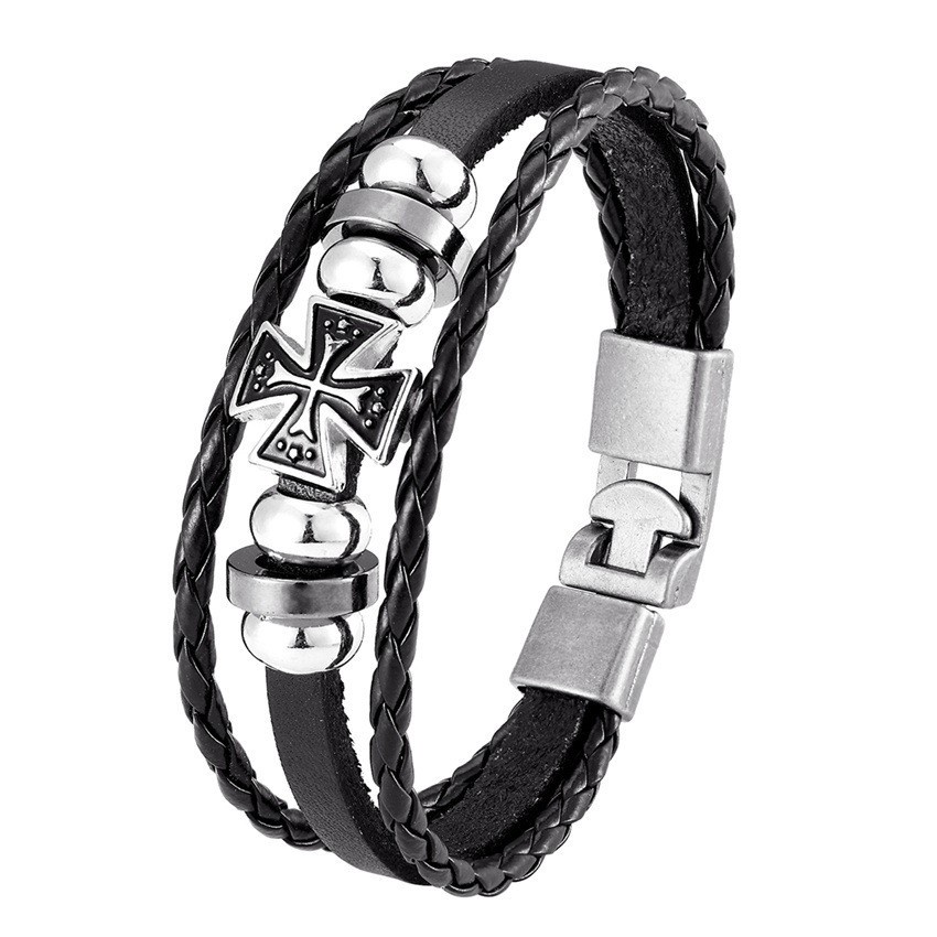 [X C Gelang] Baru Sederhana Gelang Salib Hitam Kulit Vintage Hip Hop Punk Gelang Kulit Lengan Manik-Manik Multilayer Paduan Seng Tenun Gelang