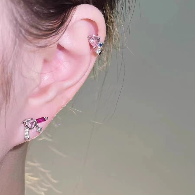 Papaozhu Bergaya S925 Perak Bersinar Merah Muda Kristal Gun-Bentuk Jantung Stud Anting-Anting Untuk Wanita Gadis Manis Berkilauan Berlian Imitasi Anting-Anting Kepribadian Telinga Perhiasan