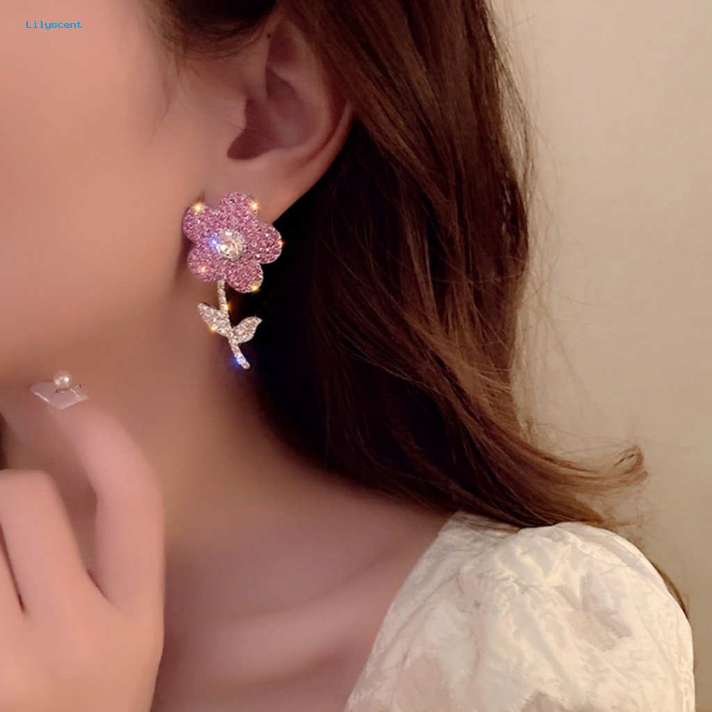 Lilyscent 1pasang Nonallergic Drop Earrings Fashion Perhiasan Bling Berlian Imitasi Bunga Pink Wanita Earrings Kepribadian