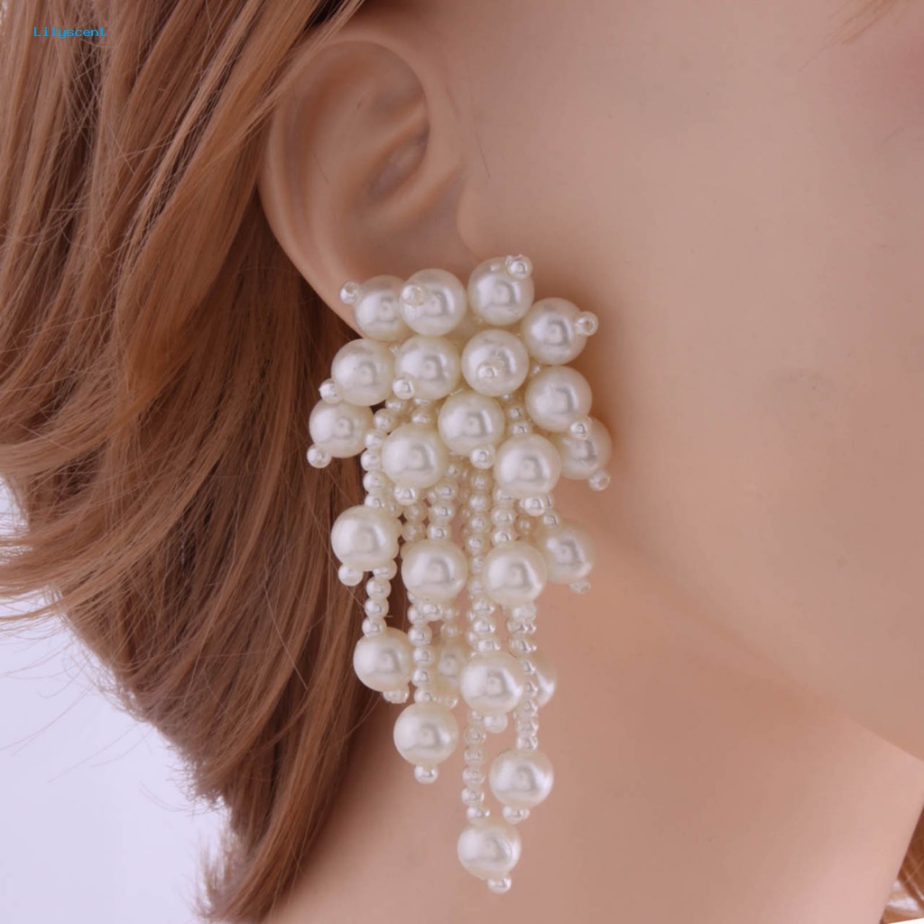 Lilyscent 1pasang Beige Drop Earrings Fashion Aksesoris Elegan Mutiara Imitasi Rumbai Stud Earrings Kepribadian