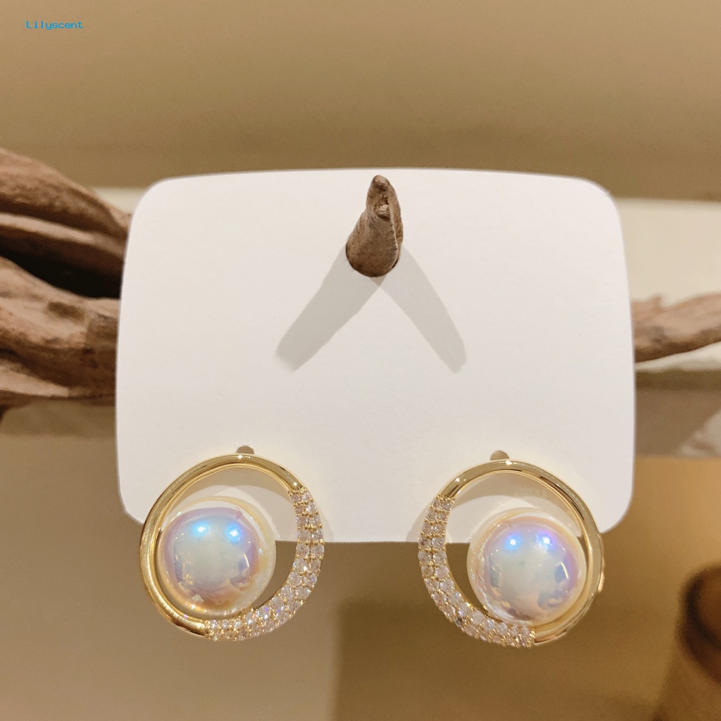 Lilyscent 1pasang Anting Stud Cubic Zirconia Untuk Pacaran Temperamen Mutiara Imitasi Berlian Imitasi Ear Studs Bulat