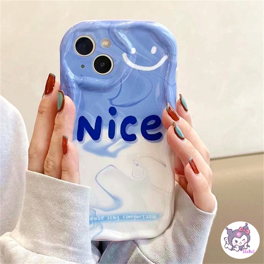 IPHONE Ins Biru Putih Patchwork Smile Kompatibel Untuk Iphone14 13 12 11 Pro Max SE 2020 X XR Xs Max 7-8 6 6s Plus Wave Edge Phone Case Silikon Lembut Perlindungan Anti Jatuh Back Cover