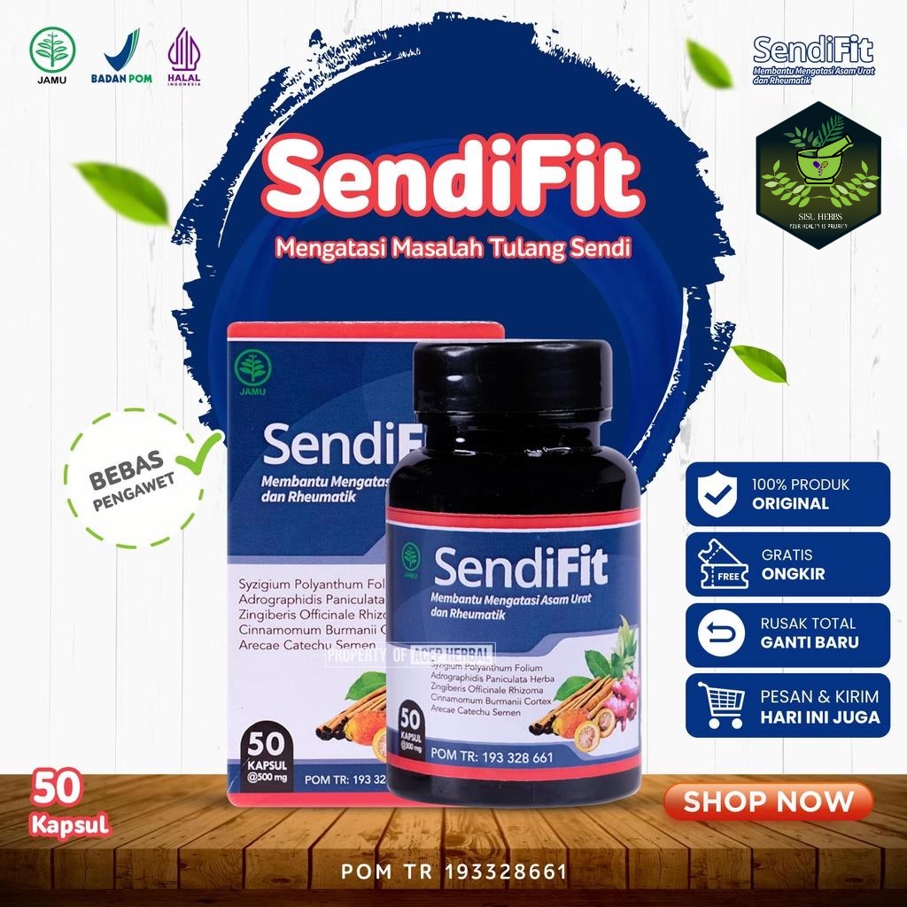 Acep Herbal - SendiFit Obat Nyeri Sendi Asam Urat Rematik Saraf Kejepit Sakit Pinggang Encok Kesemutan Tremor Sakit Tumit - 100% Herbal Alami Komposisi Lebih Lengkap - BPOM Halal - 50 Kapsul ORIGINAL