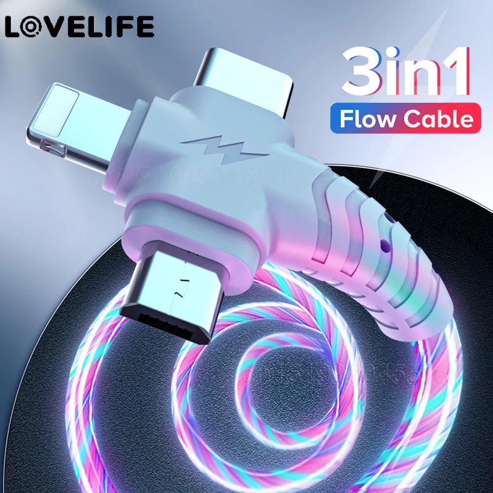 Hot Sale/Kabel Cas 3in1 LED Glow Flowing/USB Type C Luminous Lighting Fast Charger Wire Untuk iPhone Android Phone/Kabel USB Lighting