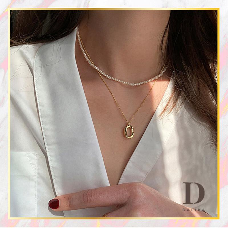 Kalung Mutiara Double Layer Multilayer dengan Rantai Liontin Persegi