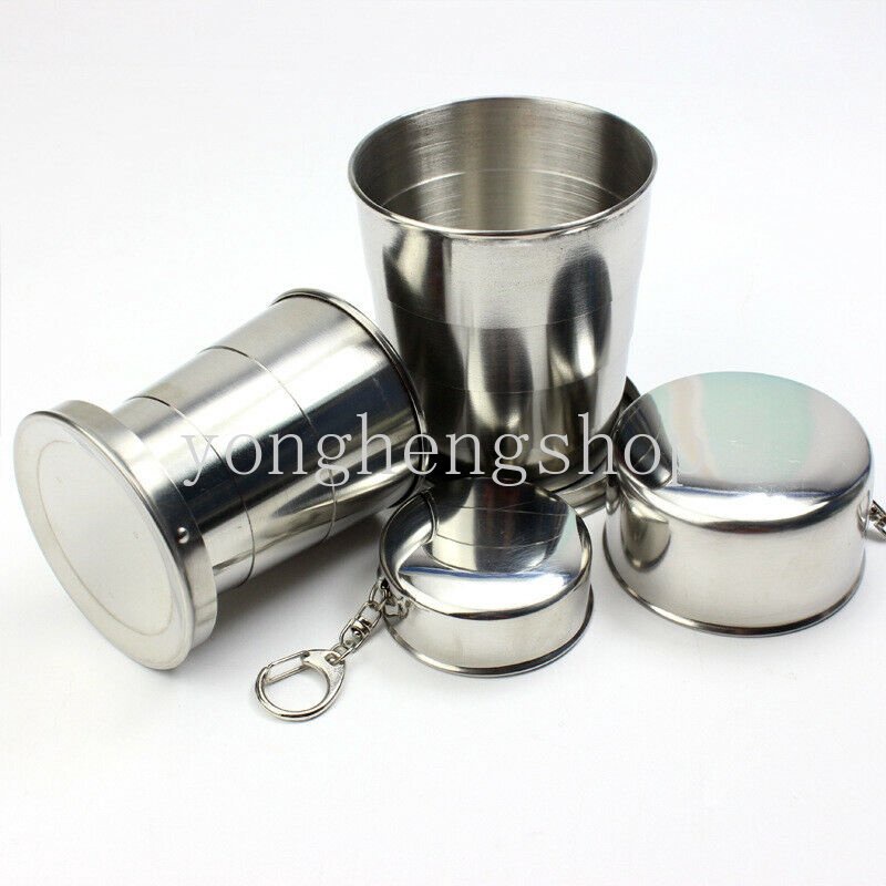 75ml Stainless Steel Cangkir Lipat Perjalanan Luar Ruangan Camping Portable Collapsible Water Cups with Keychain Lid Hiking Olahraga Mug Cangkir Teh