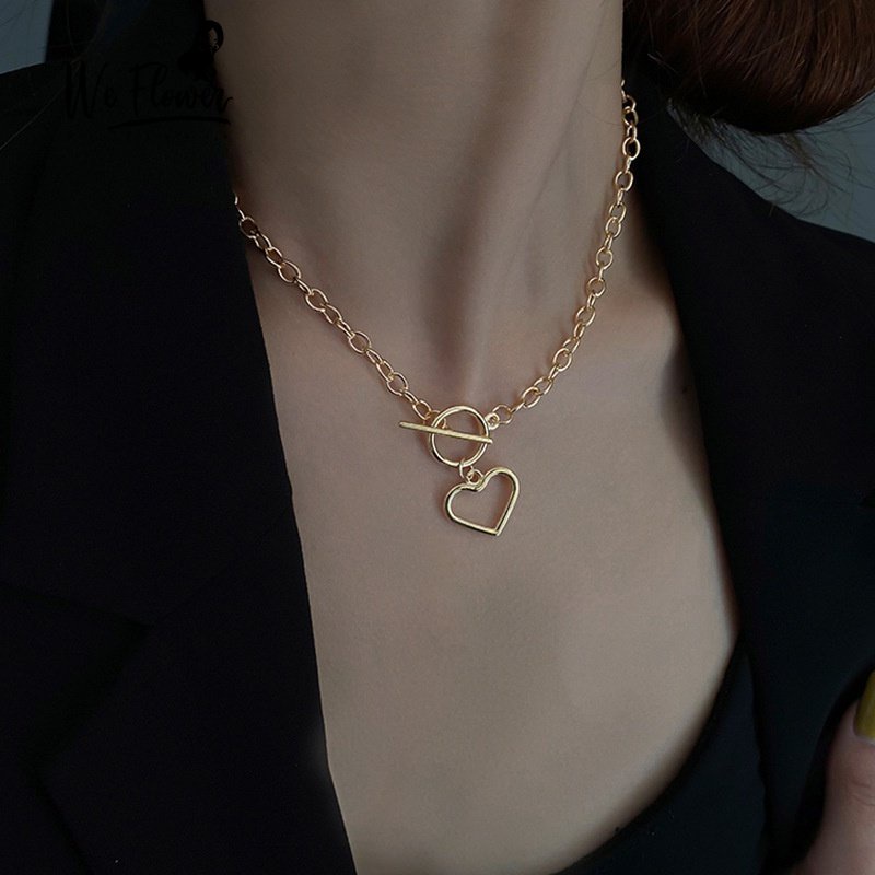 We Flower Vintage Emas Berongga Hati Liontin Kalung Untuk Wanita Gadis Jalan Fashion Rantai Tebal Cinta Kalung Perhiasan Hadiah