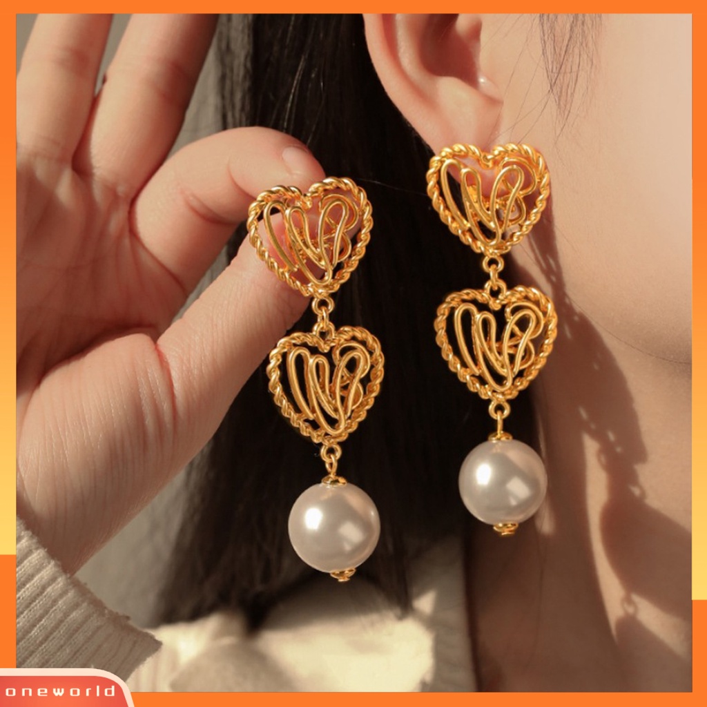 [EONE] 1pasang Drop Earrings Electroplating Berlebihan Liontin Geometris Menawan Dress Up Hypoallergenic Hati Emas Faux Pearl Earrings Fashion Perhiasan