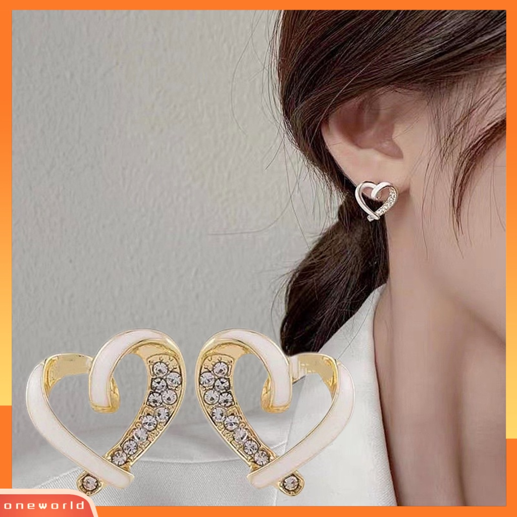 [EONE] 1pasang Ear Studs Shiny Rhinestone Putih Menjatuhkan Minyak Geometris Kepribadian Hadiah Cinta Kecil Hati Wanita Anting Perhiasan Fashion