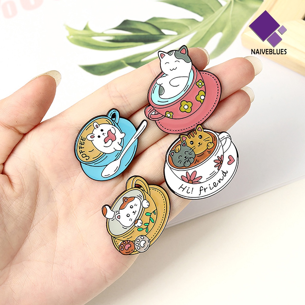 &lt; Naiveblues &gt; Kartun Kucing Cangkir Kopi Bros Tas Topi Enamel Cat Pin Lencana Hadiah