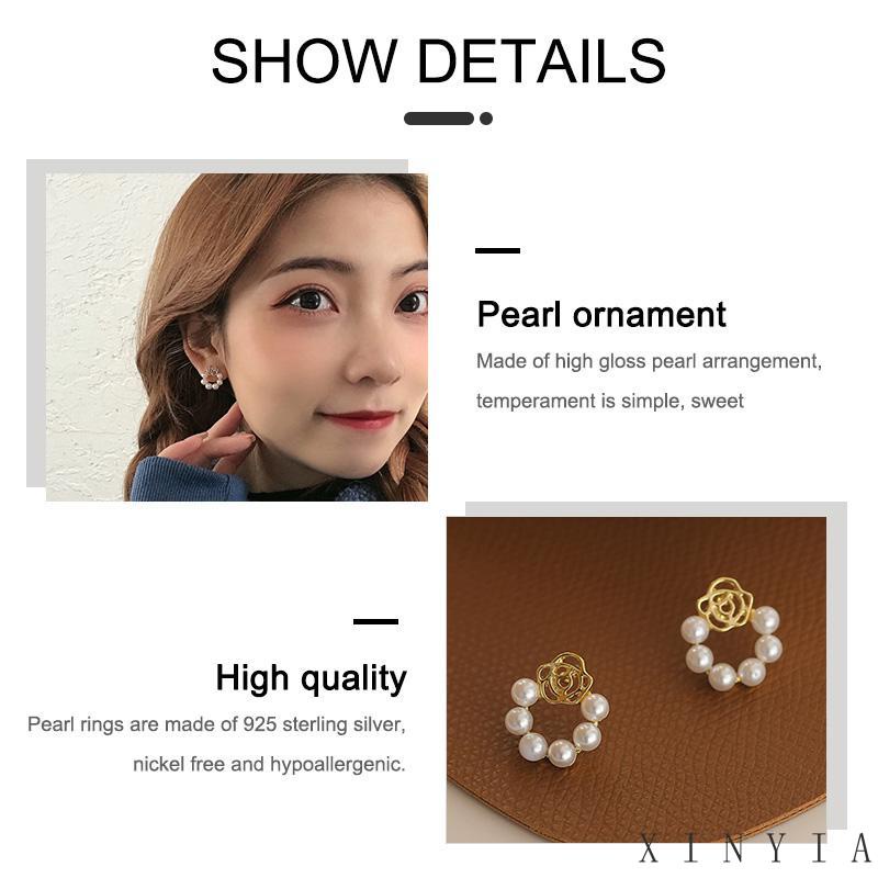 【Bayar di tempat】Anting Stud Bentuk Bunga Mawar Aksen Mutiara Gaya Korea