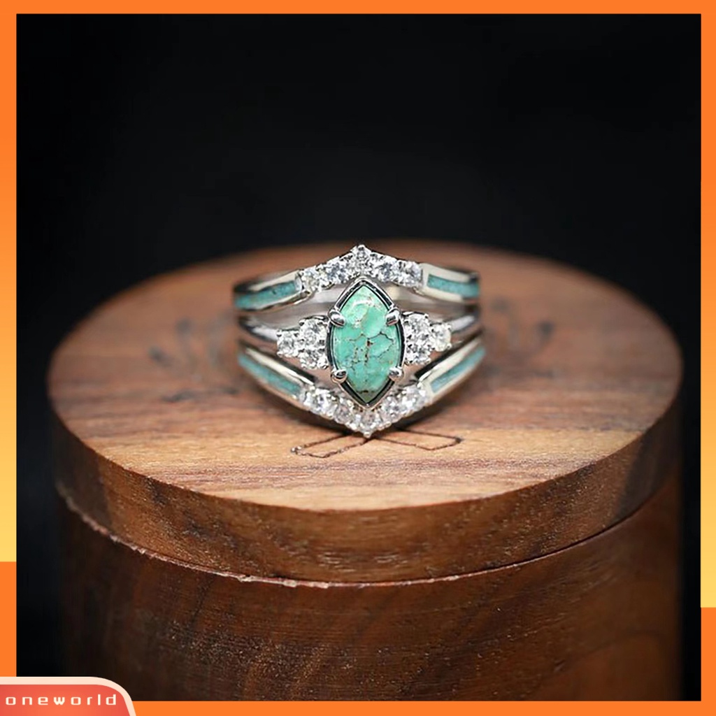 [EONE] Wanita Cincin Vintage Rusak Imitasi Turquoise Alloy Mewah Kepribadian Hadiah Berlian Imitasi Bertatahkan Jari Cincin Fashion Perhiasan