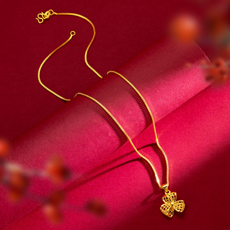 Goldkingdom Fashion Perhiasan 24 K Bangkok Aksesoris Ready Stock Manis Kincir Angin Liontin Berlapis Emas Wanita Berongga Tiga Kelopak Rumput Kincir Kalung