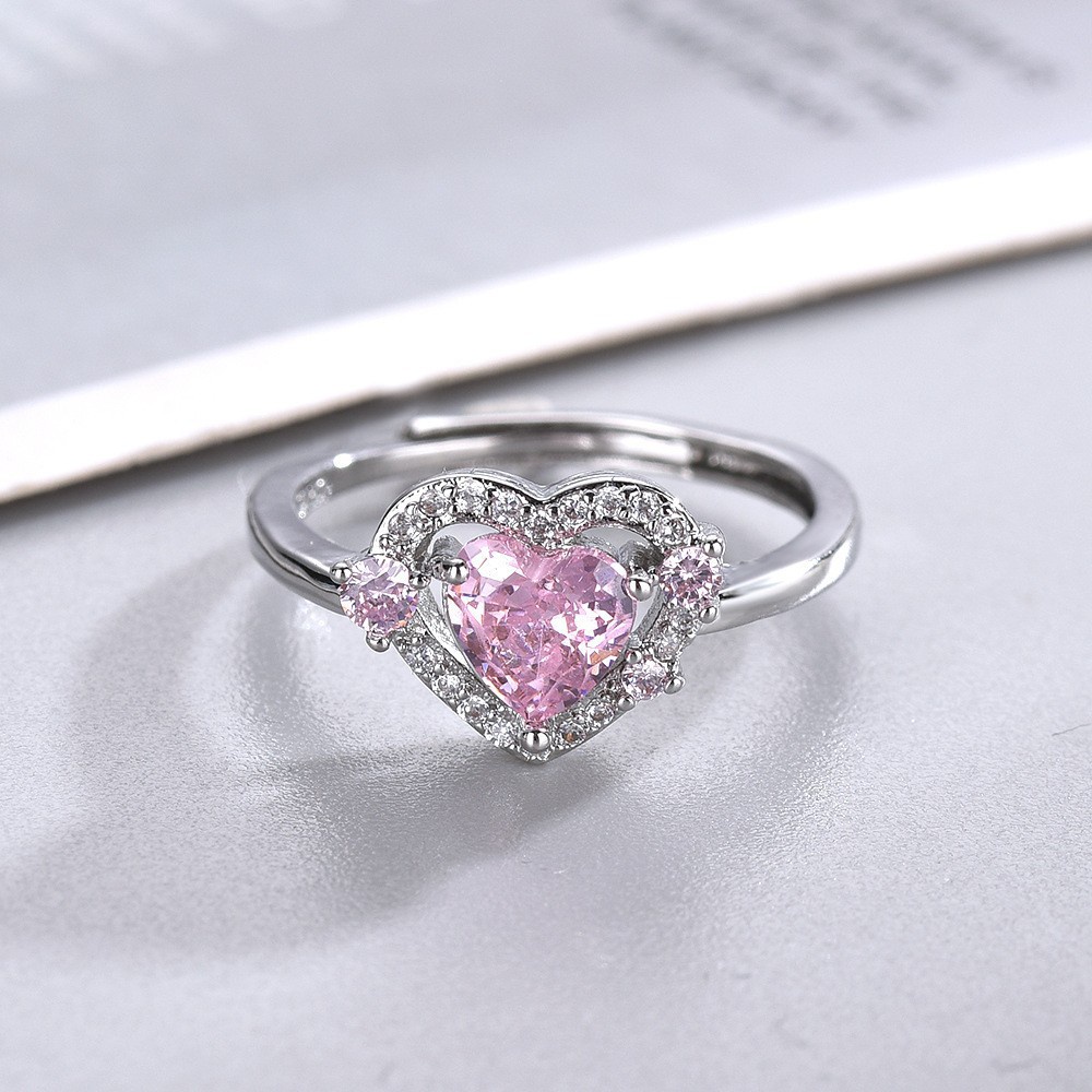 Sweet Pink Zircon Heart Ring Cincin Kristal Silver Untuk Aksesoris Perhiasan Wanita