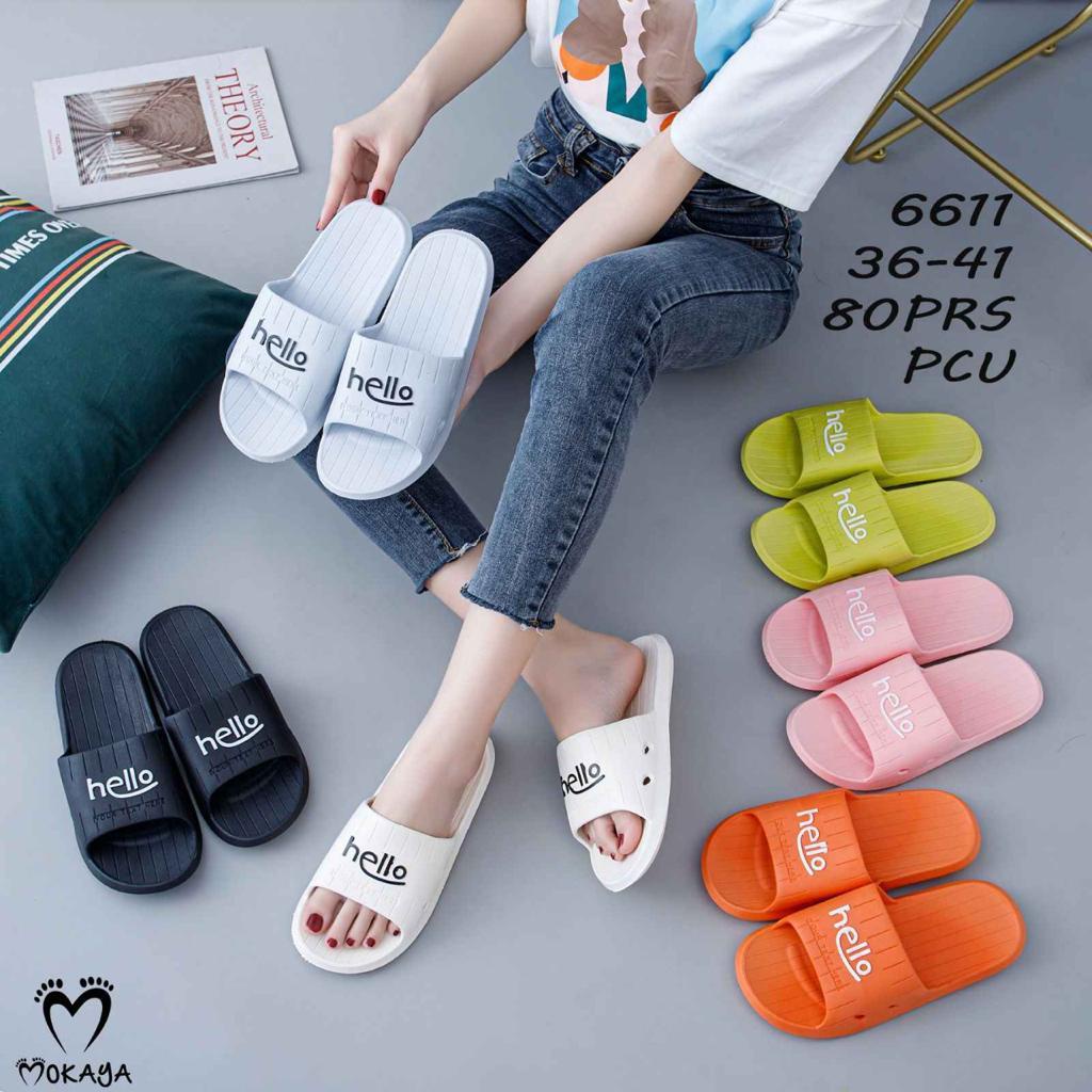 Sandal Slop Jelly PCU Sandal Rumah Motif HELLO garis polos Simple Lucu Import MKY MD-6611 36-41