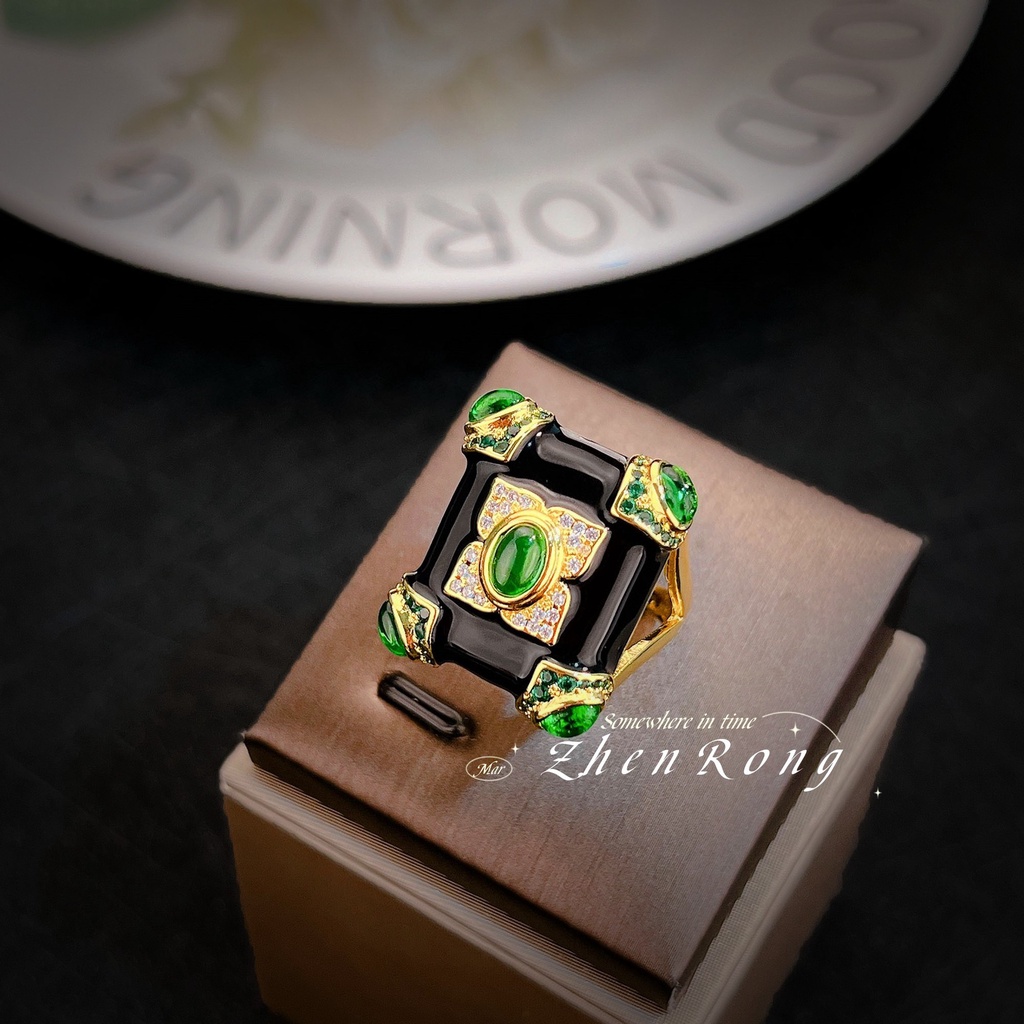 Goldkingdom Fashion Perhiasan Aksesoris Ready Stock Vintage Nenek Zamrud Cincin Berlapis Emas 18k Enamel Glasir Batu Akik Hitam Cincin Wanita