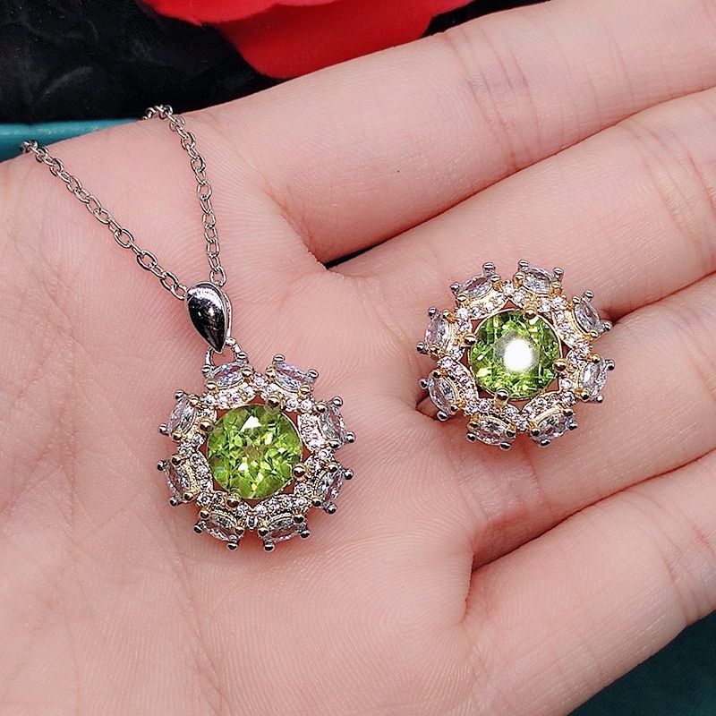 Goldkingdom Aksesoris Perhiasan Fashion Ready Stock Warna Alami Harta Set 2karat Alami Olivine Cincin Kalung Liontin