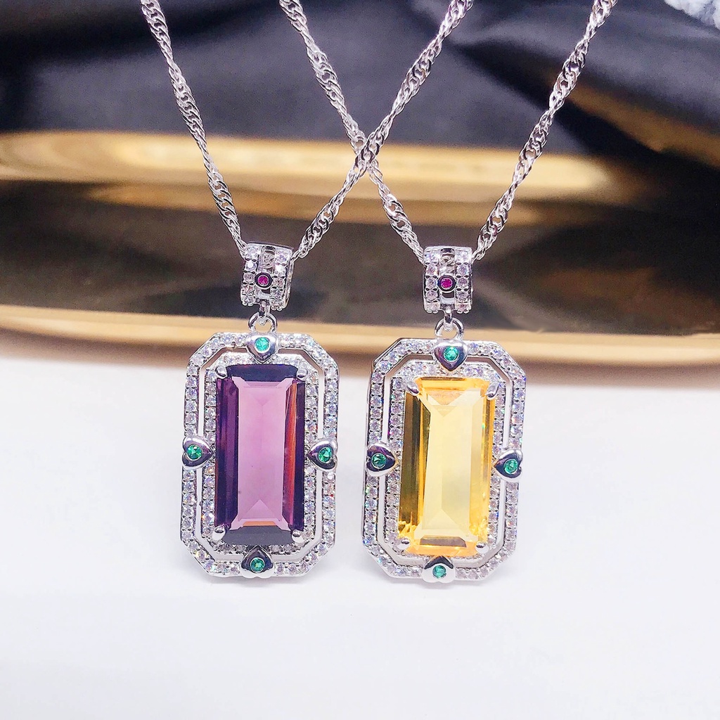 Goldkingdom Fashion Perhiasan Aksesoris Ready Stock Wushi Merek Liontin Brazil Tourmaline Permata Topaz Kalung Amethyst Persegi Panjang Warna Harta Gadis
