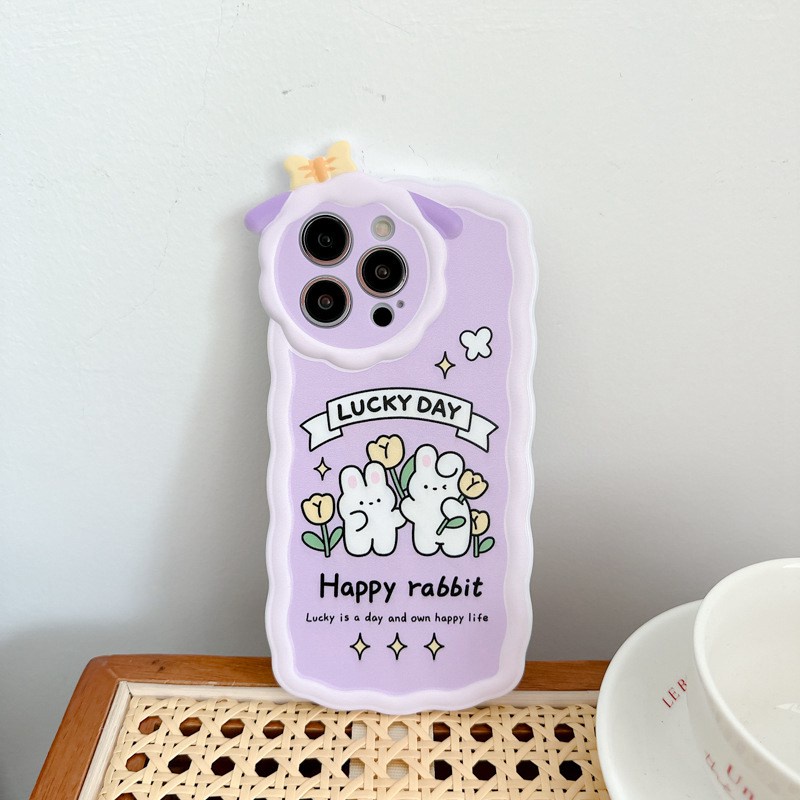 【Lamb Style】Purple Happy Rabbit Soft TPU Case HP iP iPhone 11 12 13 14 Pro Max 7 8 + Plus SE 2020 X XS XR Max Girl Woman FTD Casing Apple