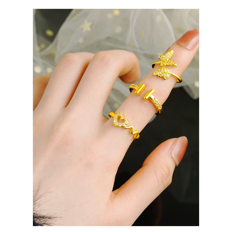 Goldkingdom Aksesoris Perhiasan Fashion Ready Stock Cincin Ringan Mewah Lapis Emas, Mahkota Kupu-Kupu adjustable Berlian setting Untuk Wanita
