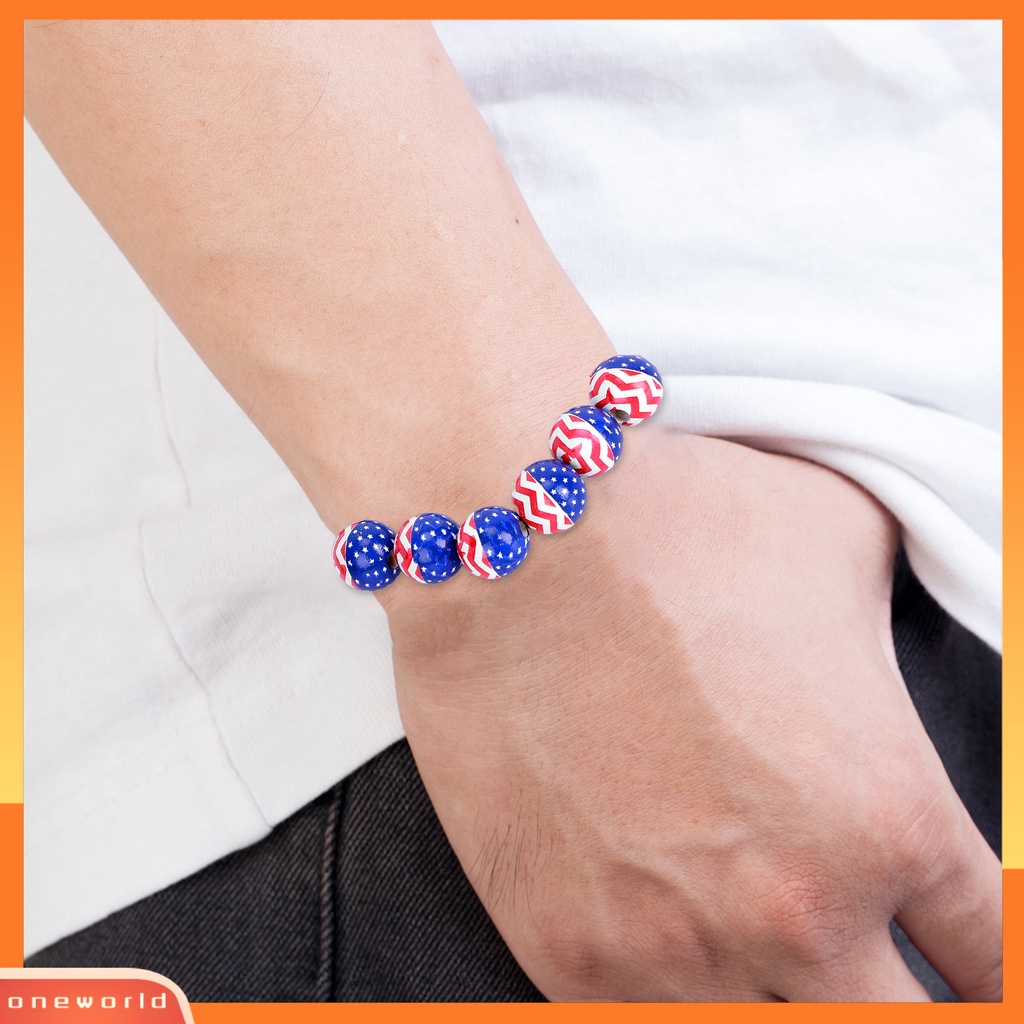 [EONE] Bendera USA Gelang Indah Pesona Perhiasan Merah Biru Putih Manik-Manik Kayu Peregangan Elastis Wristwear Multicolor USA Hari Nasional Wanita Pria Manik-Manik Gelang Hadiah Pasangan