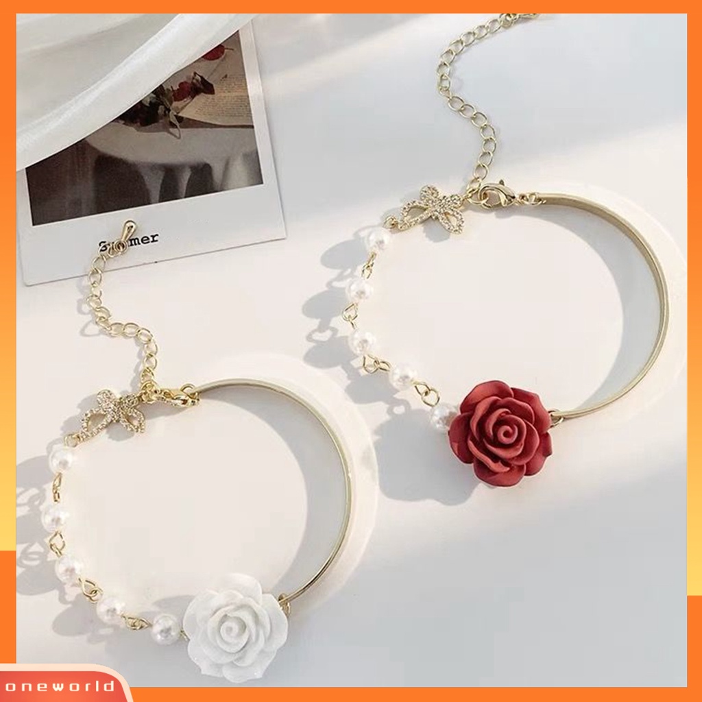 [EONE] Wanita Gelang Bunga Mawar Pesona Electroplating Tidak Luntur Busur Ornamen Mutiara Imitasi Dekorasi Adjustable Temperamen Perancis Niche Bermutu Tinggi Bangle Perhiasan Pesta