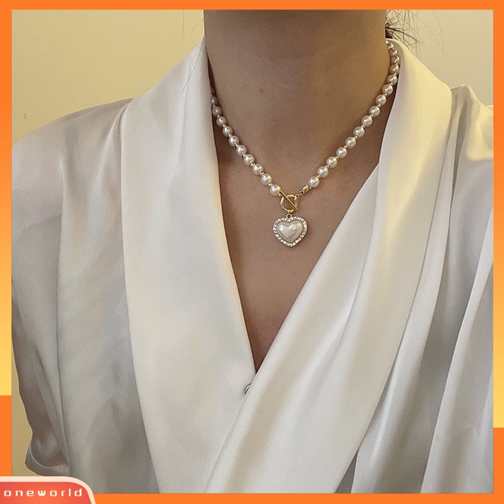 [EONE] Klavikula Kalung Elegan Jantung Shell Liontin Manik Manis Mengkilap Hias Hadiah Wanita Besar Putih Mutiara Imitasi Kalung Pesta Perhiasan