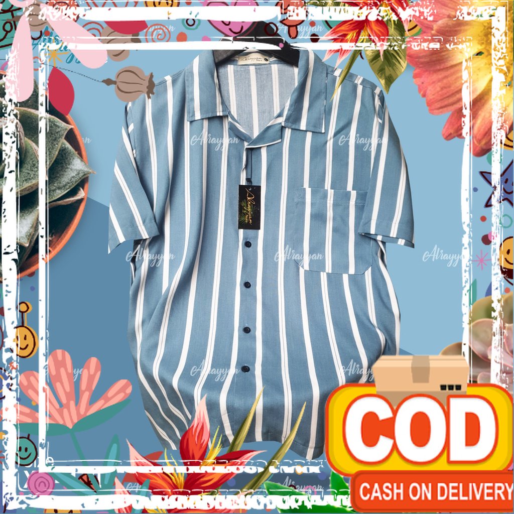 Alrayyan Store - Baju Kemeja Hawai Pantai Bali Lengan Pendek Cowok Cewek Motif Salur Biru Putih/ Ver