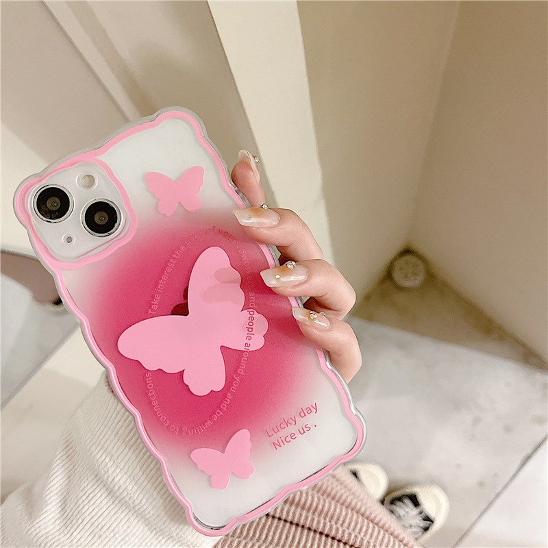 【INS Wave】Pink Butterfly Soft TPU Case HP iP iPhone 11 12 13 14 Pro Max 7 8 + Plus SE 2020 X XS XR Max Girl Woman Clear FTD Casing Apple