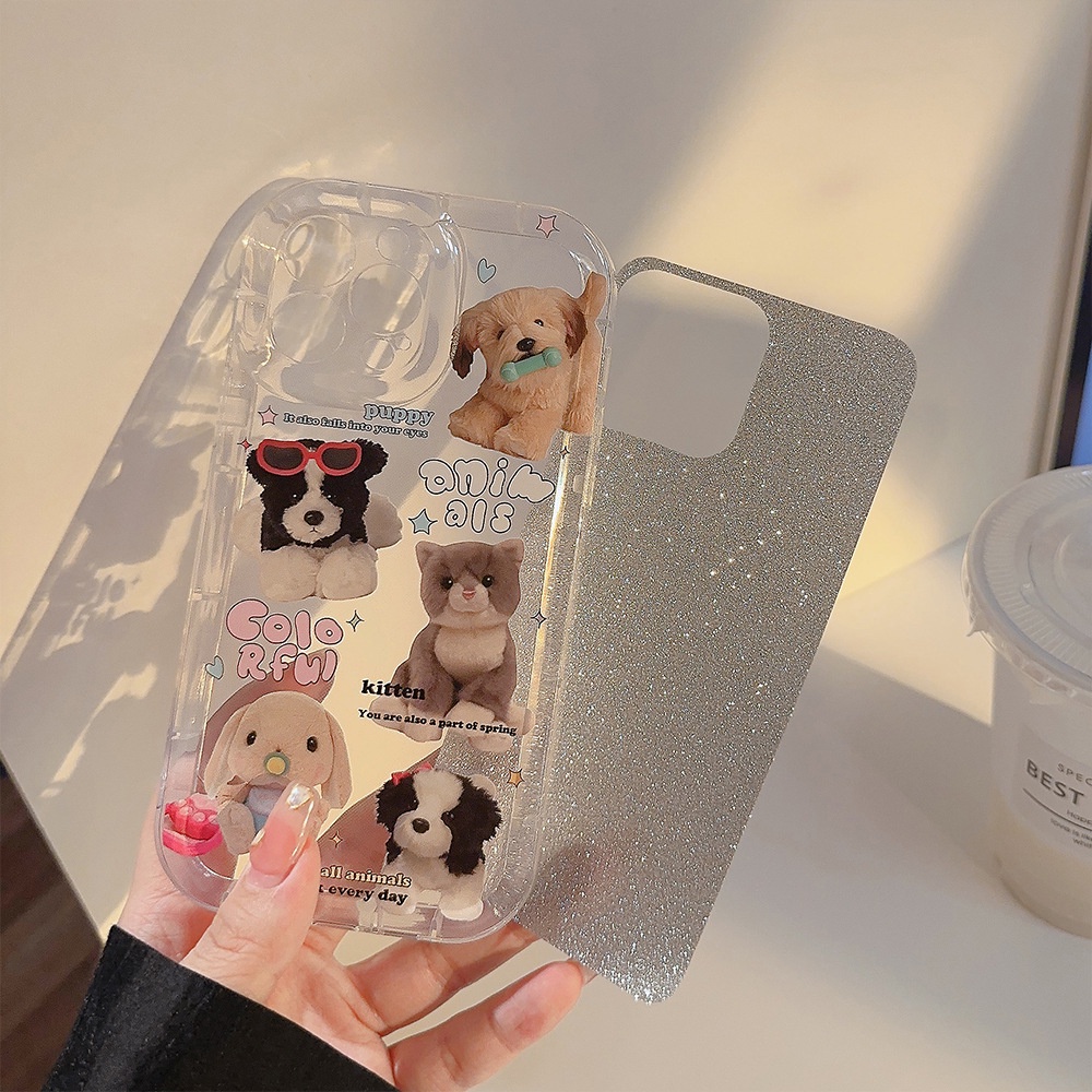 IPHONE Ins Cute Puppy Dog Kitten Cat Mainan Casing Ponsel Transparan Cover Dengan Film Glitter Untuk Iphone11 12 13 14 PLUS PRO MAX