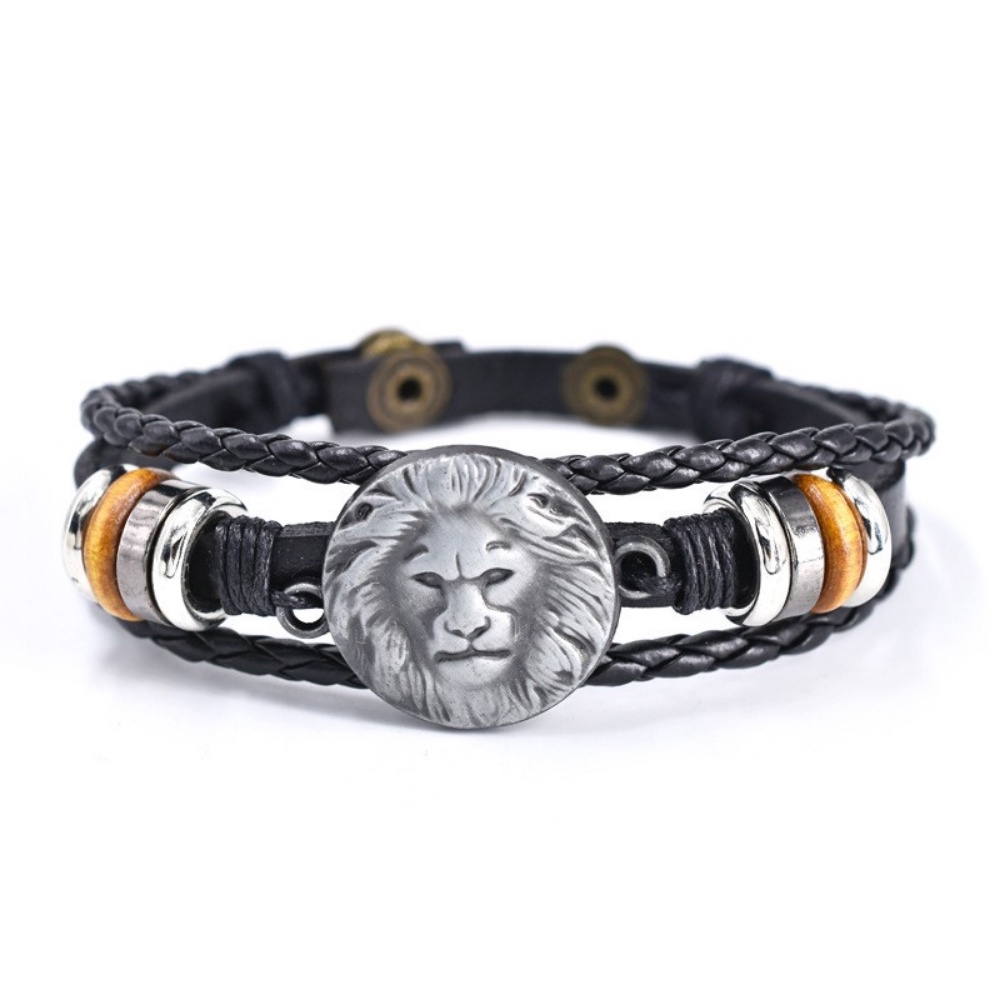 [X C Gelang] Baru Singa Afrika Gelang Hitam Kulit Vintage Hip Hop Punk Gelang Kulit Lengan Manik-Manik Multilayer Zinc Alloy Anyaman Gelang