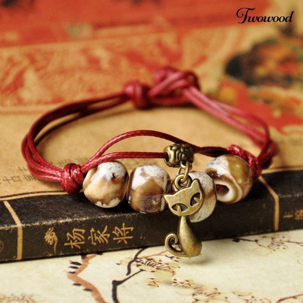 Twowood Etnik Daun Kucing Pesona Keramik Manik-Manik Gelang Wanita Handwoven Perhiasan Hadiah